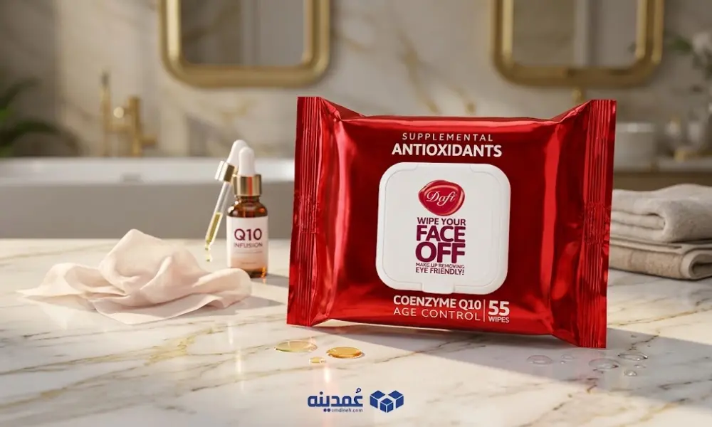 خرید عمده دستمال مرطوب پاک کننده آرایش دافی مدل ANTIOXIDANTS بسته 55 عددی